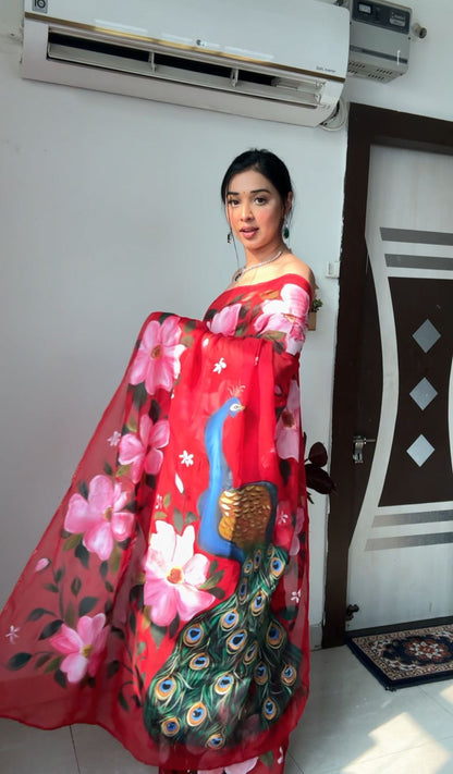 Seraglio 1-Minute Ready To Wear Red Organza Silk Saree