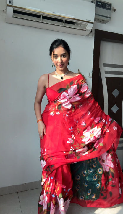 Seraglio 1-Minute Ready To Wear Red Organza Silk Saree