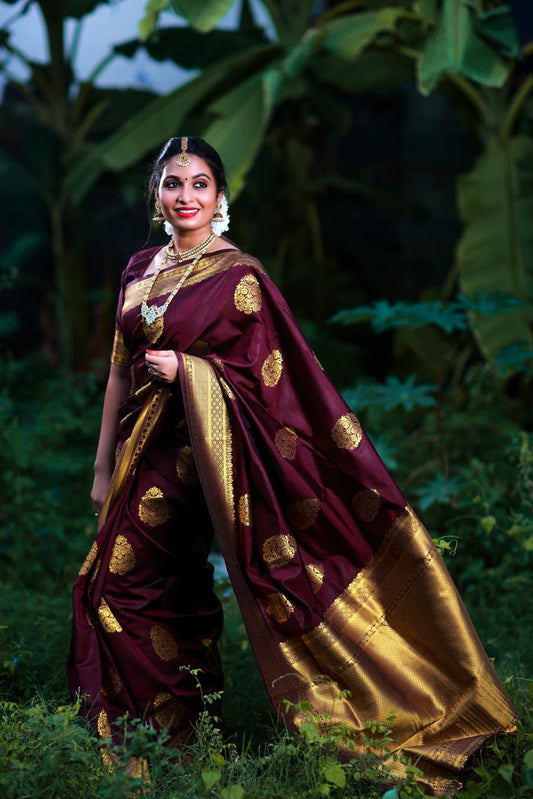 Royal Kanjivaram Golden Zari Woven Silk Saree With Blouse Piece - BROWN