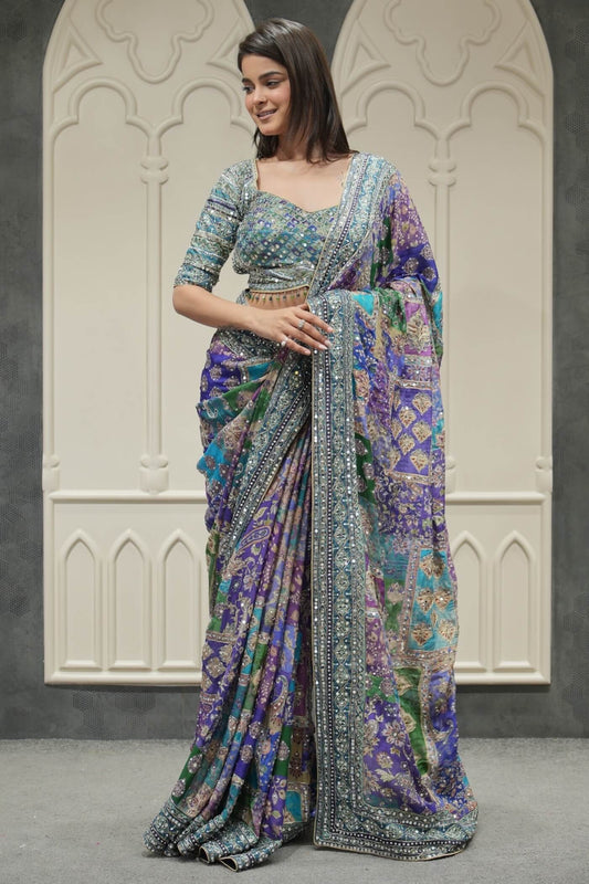 Preferable Multicolor Chinon Silk Printed Mirror Work Saree