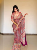 Tantalizing Multicolor Chinon Silk Printed Mirror Work Saree