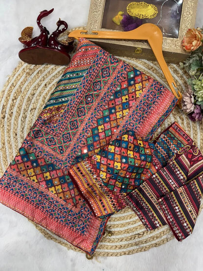 Tantalizing Multicolor Chinon Silk Printed Mirror Work Saree