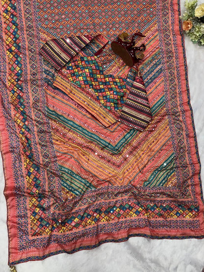 Tantalizing Multicolor Chinon Silk Printed Mirror Work Saree
