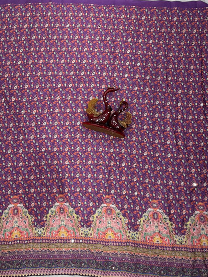 Outstanding Multicolor Chinon Silk Printed Mirror Work Saree