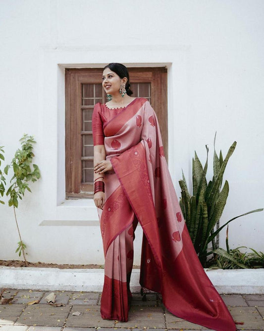 Red and Pink Colour Kanjivaram Woven Silk Saree With Blouse Piece