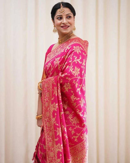 Dark Pink Zari Work Soft Lichi Silk Saree