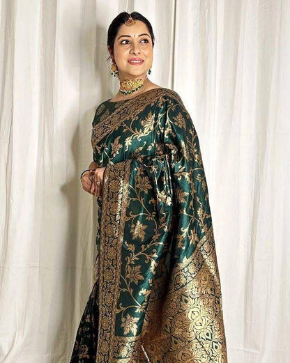 Dark Green  Zari Work Soft Lichi Silk Saree