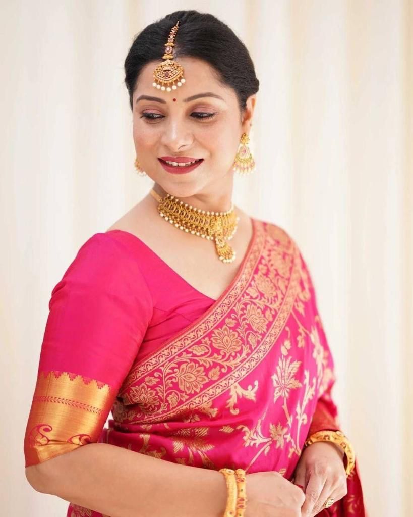 Dark Pink Zari Work Soft Lichi Silk Saree