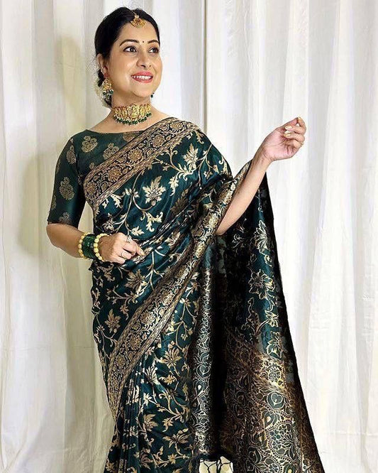 Dark Green  Zari Work Soft Lichi Silk Saree