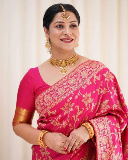 Dark Pink Zari Work Soft Lichi Silk Saree