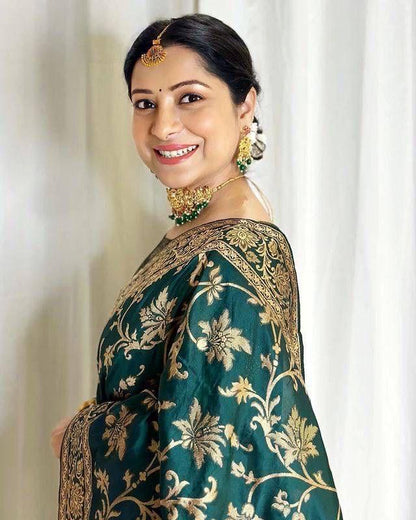 Dark Green  Zari Work Soft Lichi Silk Saree