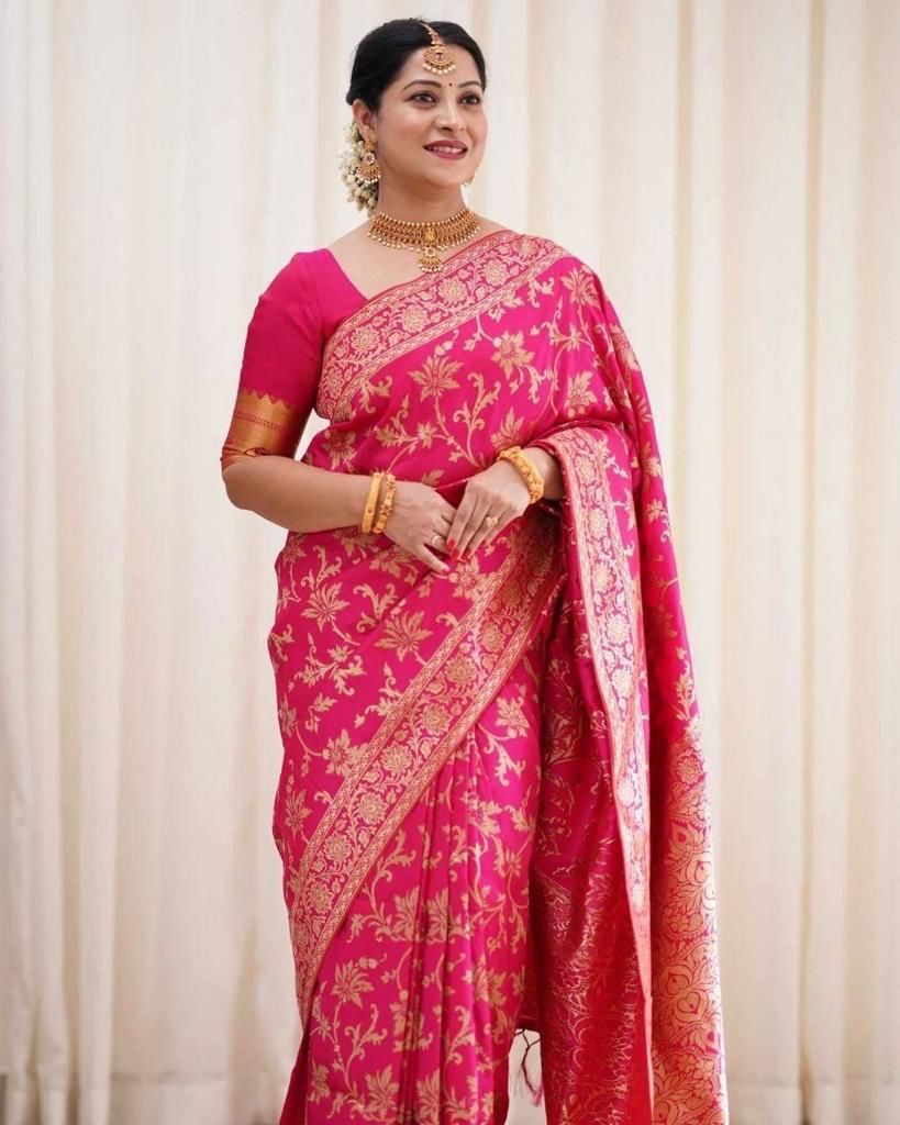 Dark Pink Zari Work Soft Lichi Silk Saree