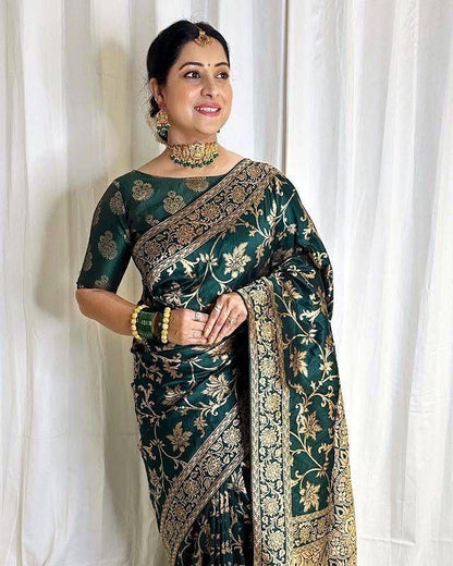 Dark Green  Zari Work Soft Lichi Silk Saree