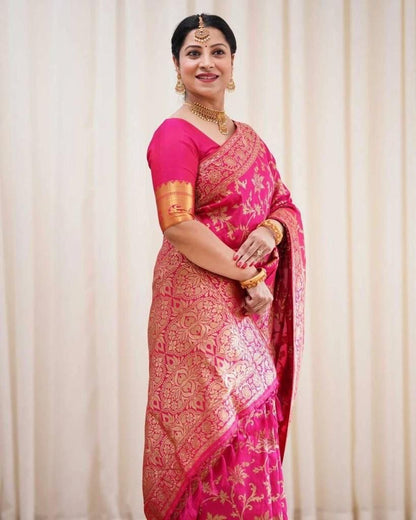 Dark Pink Zari Work Soft Lichi Silk Saree