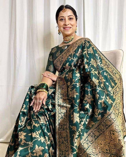 Dark Green  Zari Work Soft Lichi Silk Saree