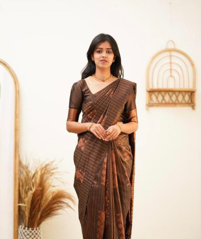 Wedding Wear Kanjivaram Woven Silk Saree With Blouse Piece -Brown