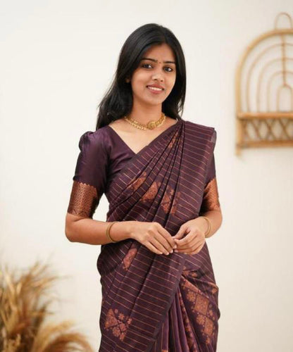 Wedding Wear Kanjivaram Woven Silk Saree With Blouse Piece -Wine