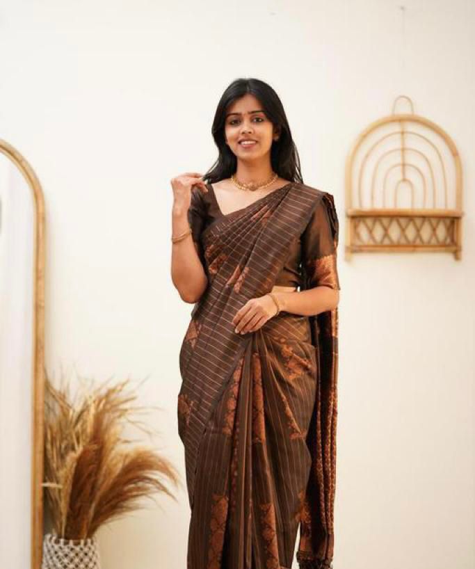 Wedding Wear Kanjivaram Woven Silk Saree With Blouse Piece -Brown