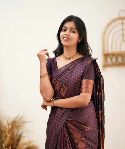 Wedding Wear Kanjivaram Woven Silk Saree With Blouse Piece -Wine