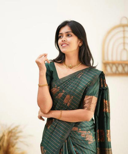 Wedding Wear Kanjivaram Woven Silk Saree With Blouse Piece - Green