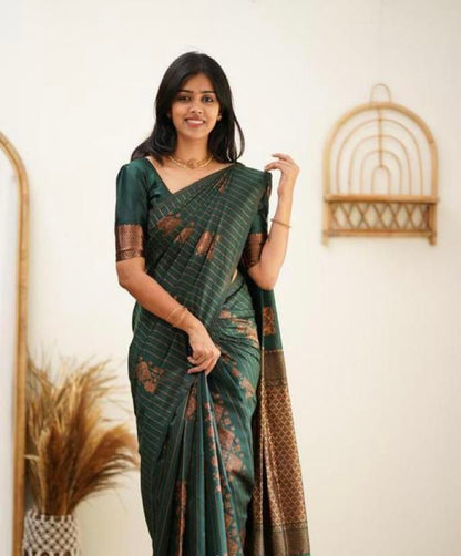 Wedding Wear Kanjivaram Woven Silk Saree With Blouse Piece - Green