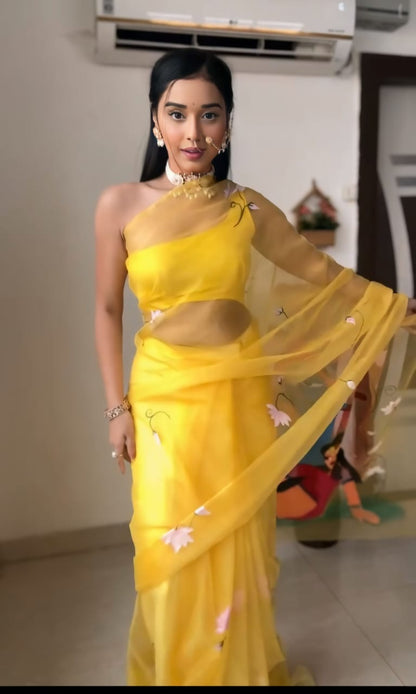 Vivacious 1-Minute Ready To Wear Yellow Organza Silk Saree