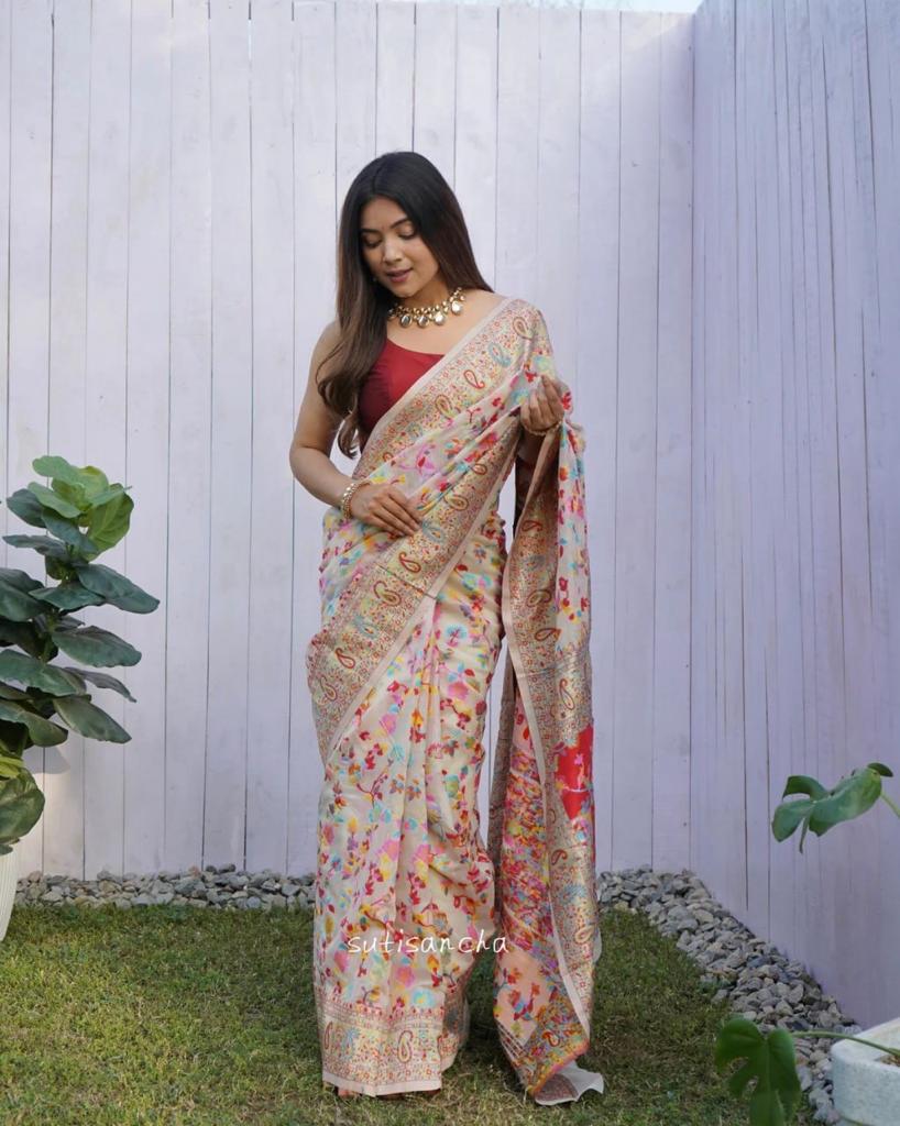 Cream Color Floral Print Saree