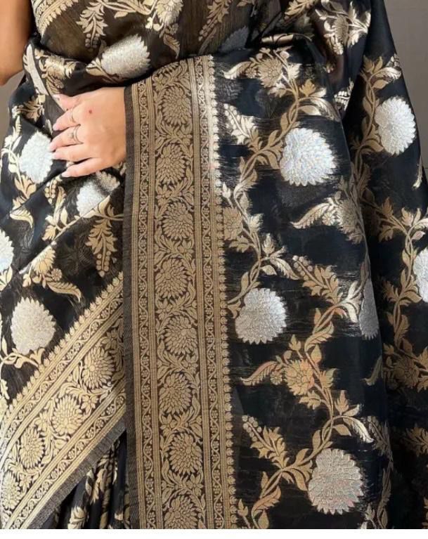 Pretty Black Color Banarasi Silk Zari Weaving Saree With Blouse Piece