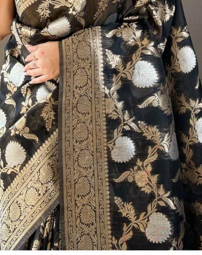 Pretty Black Color Banarasi Silk Zari Weaving Saree With Blouse Piece