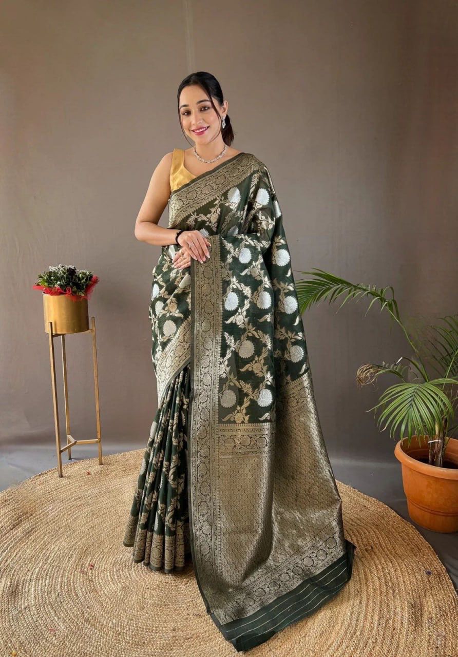 Pretty Black Color Banarasi Silk Zari Weaving Saree With Blouse Piece