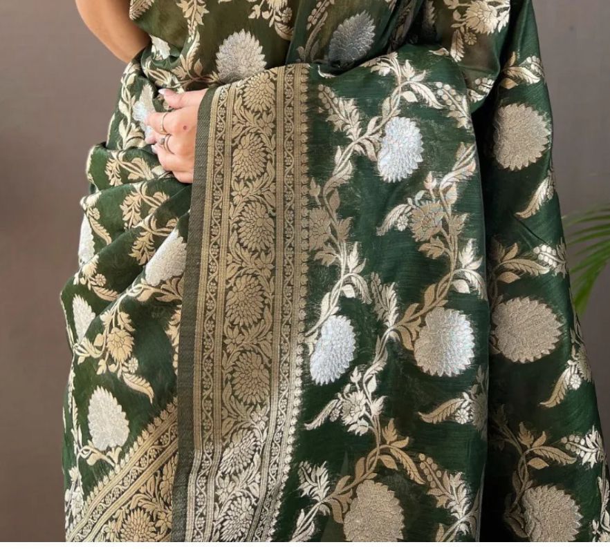 Pretty Black Color Banarasi Silk Zari Weaving Saree With Blouse Piece