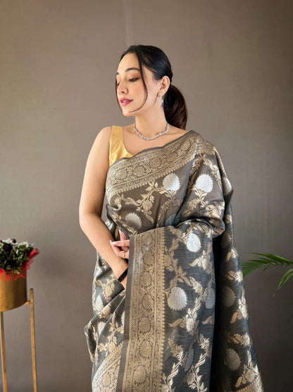 Pretty Black Color Banarasi Silk Zari Weaving Saree With Blouse Piece