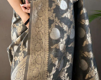 Pretty Black Color Banarasi Silk Zari Weaving Saree With Blouse Piece