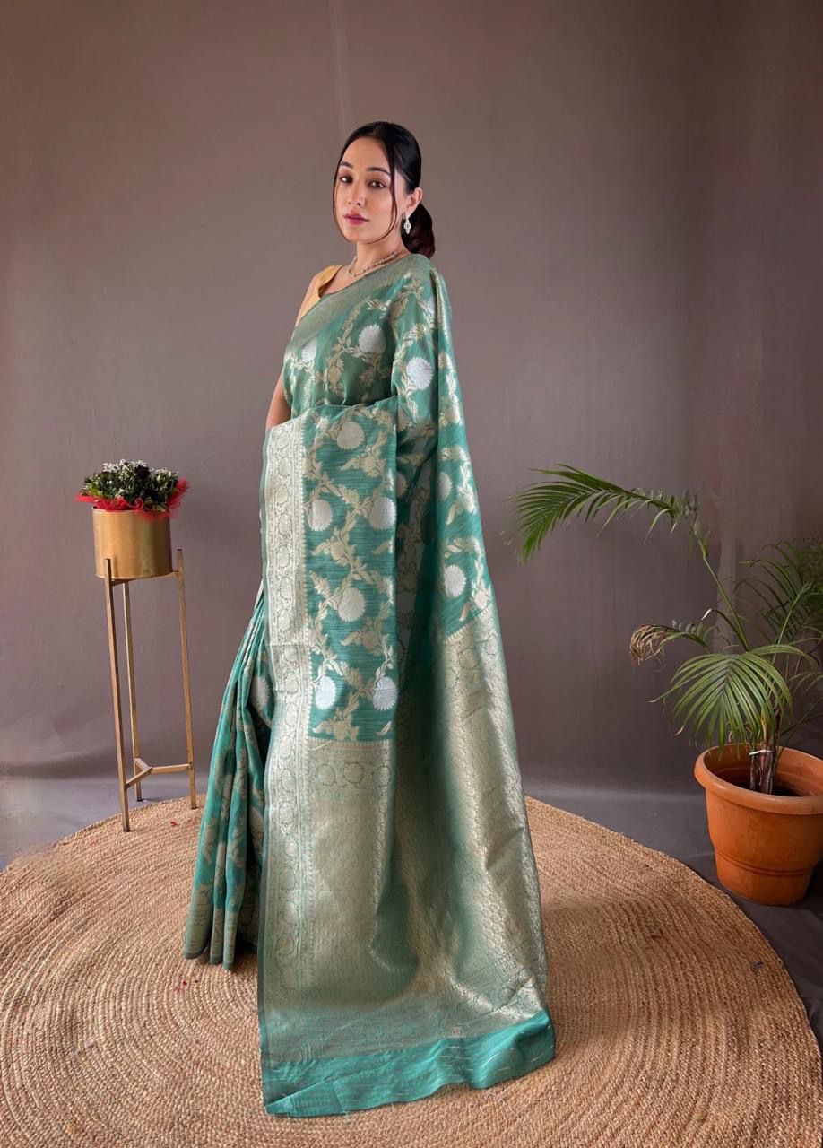 Pretty Black Color Banarasi Silk Zari Weaving Saree With Blouse Piece