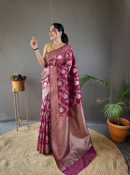 Pretty Black Color Banarasi Silk Zari Weaving Saree With Blouse Piece