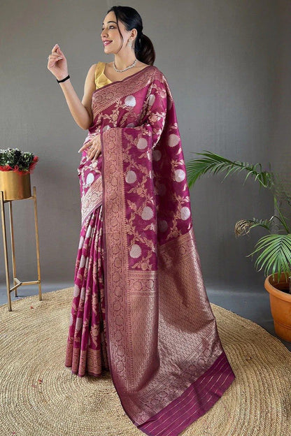 Pretty Black Color Banarasi Silk Zari Weaving Saree With Blouse Piece