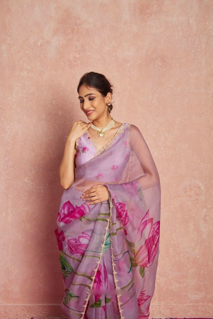 Pure Organza Silk Hand-Embroidered Saree