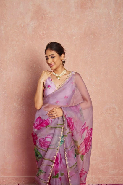 Pure Organza Silk Hand-Embroidered Saree