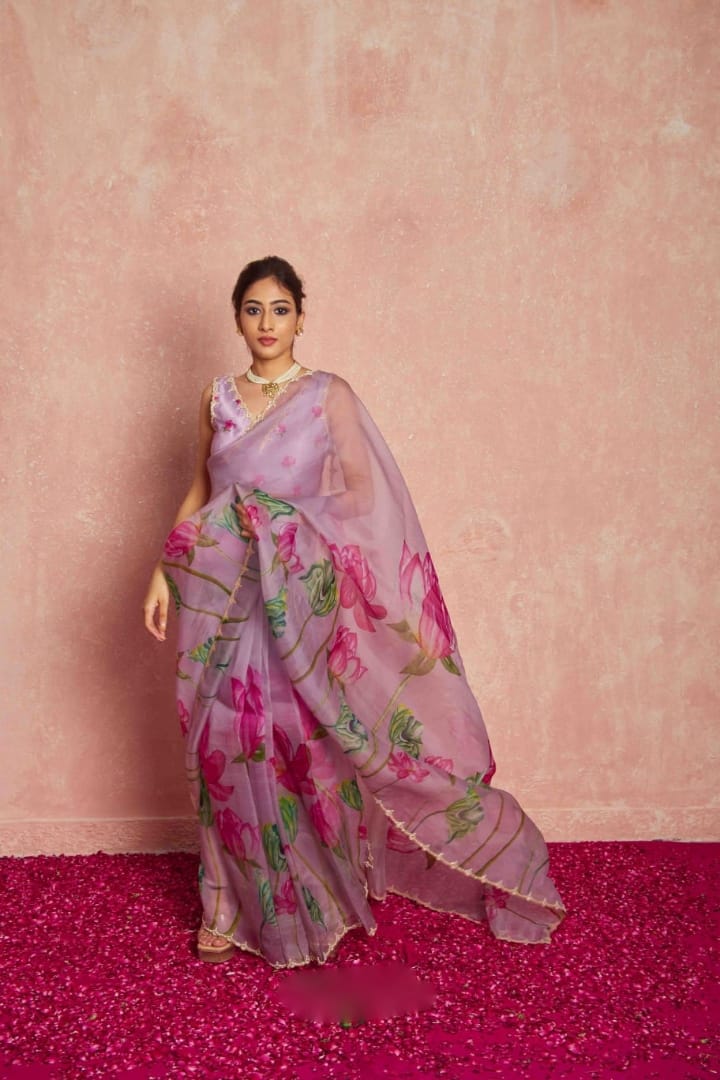 Pure Organza Silk Hand-Embroidered Saree