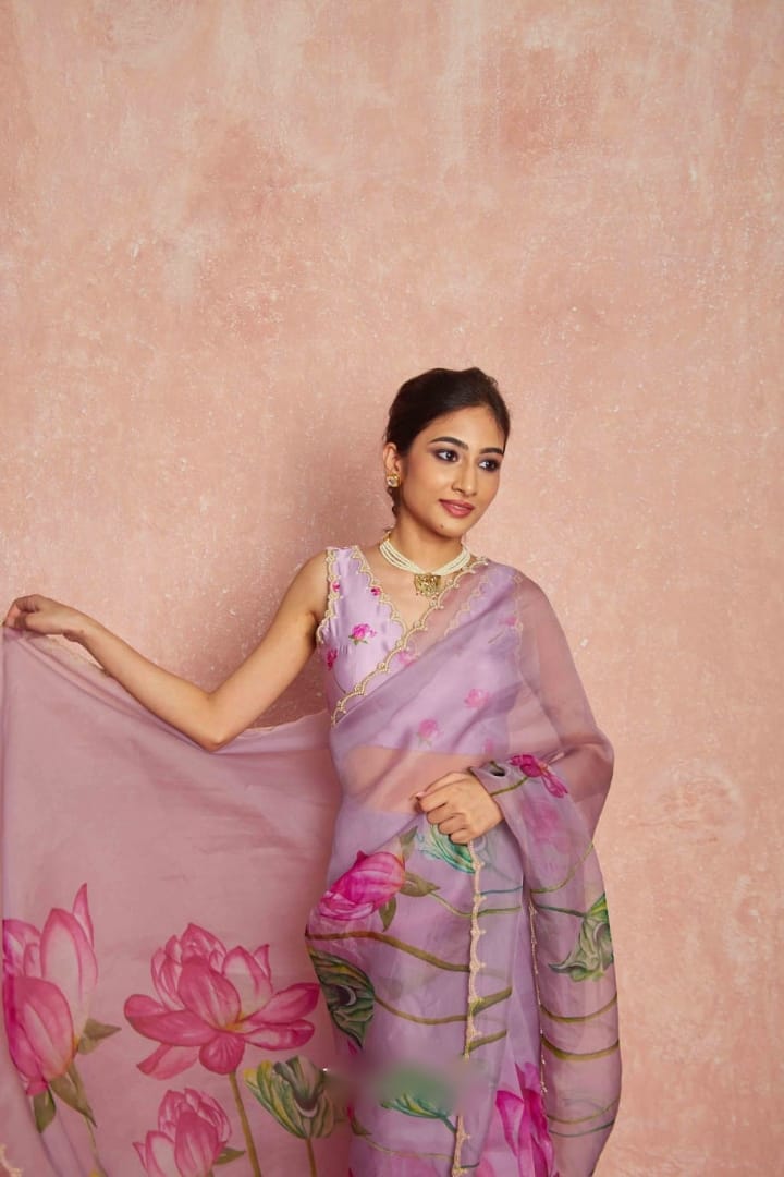 Pure Organza Silk Hand-Embroidered Saree
