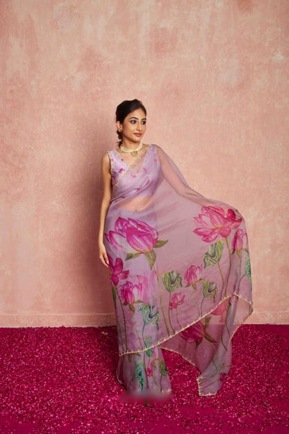 Pure Organza Silk Hand-Embroidered Saree