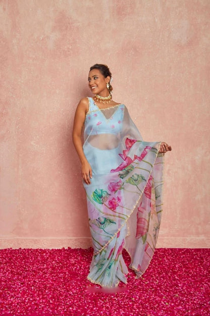 Pure Organza Silk Hand-Embroidered Saree
