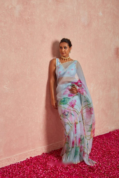 Pure Organza Silk Hand-Embroidered Saree