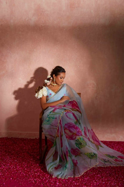 Pure Organza Silk Hand-Embroidered Saree