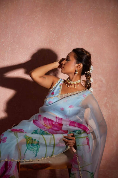 Pure Organza Silk Hand-Embroidered Saree