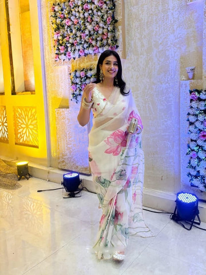 Pure Organza Silk Hand-Embroidered Saree