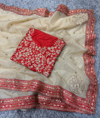 Gold Dori Embroidered Tissue Organza Designer Saree