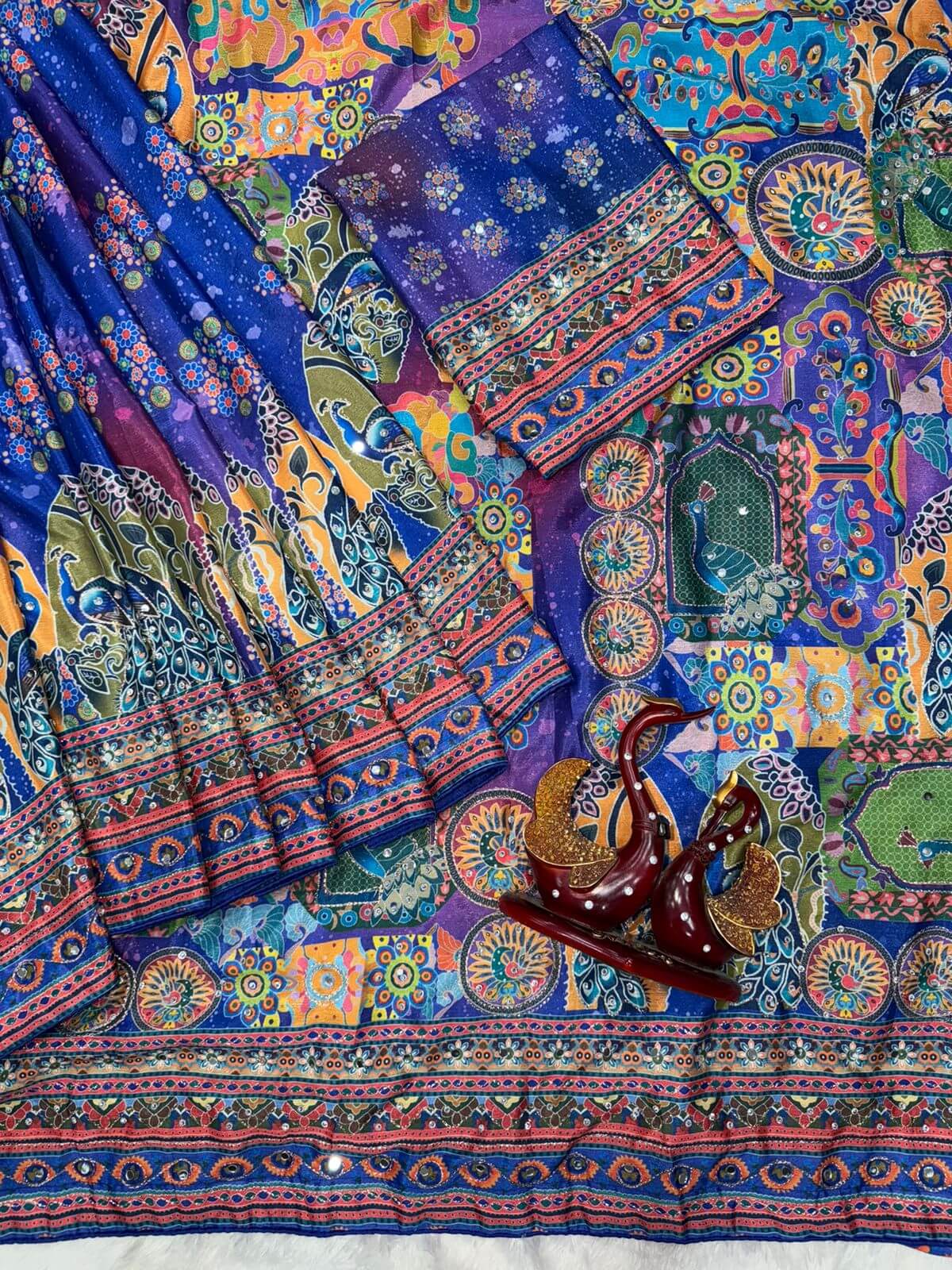 Zephyr Multicolor Chinon Silk Printed Mirror Work Saree - BLUE