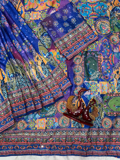 Zephyr Multicolor Chinon Silk Printed Mirror Work Saree - BLUE