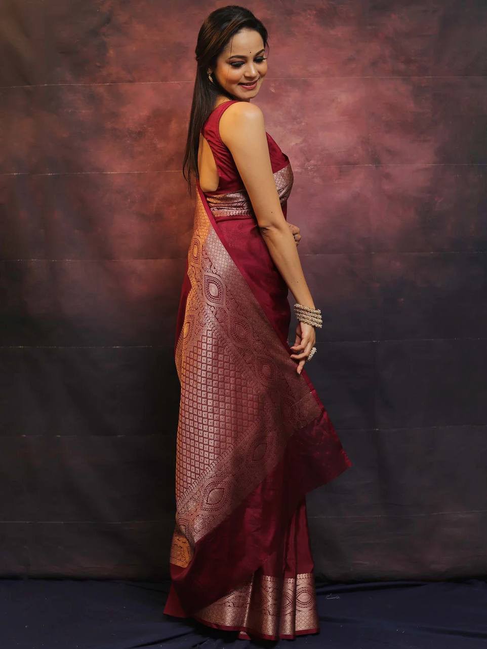 Marron Color New Design Soft Banarasi Silk Saree with Golden Zari Work